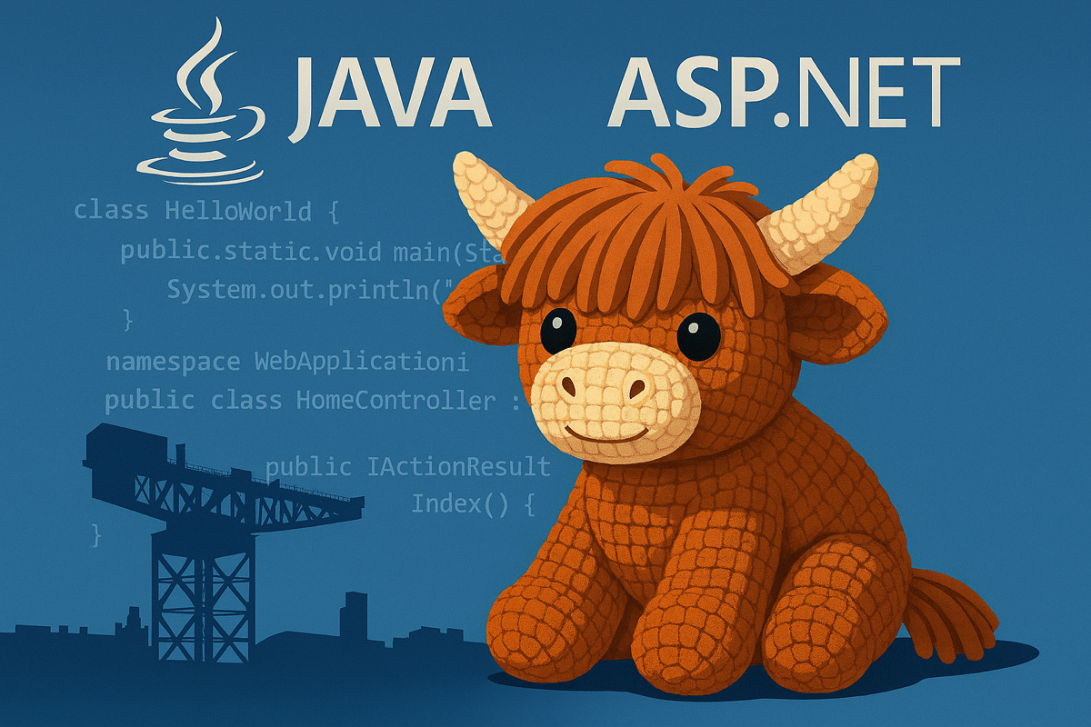 Collage showing a background with code, the Glasgow skyline, and a friendly highland cow created from crochet